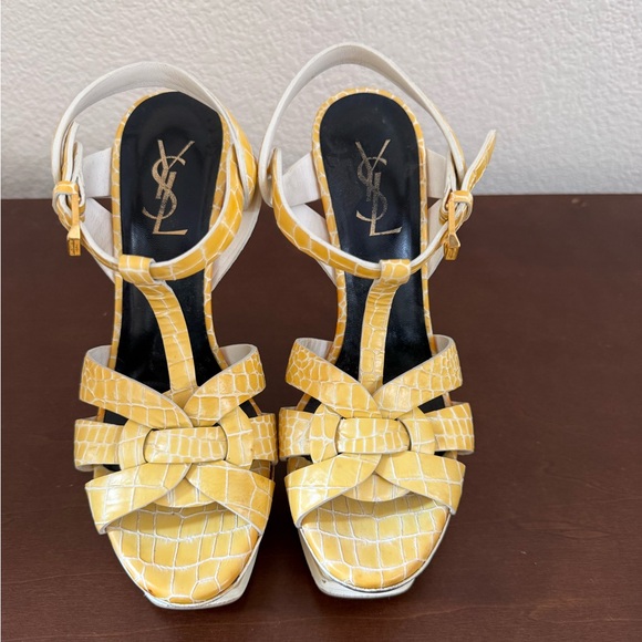 AUTHENTIC YSL Tribute Platform Sandals 37 Yellow Croc Embossed $1,200 Retail 🔥 - Picture 4 of 15